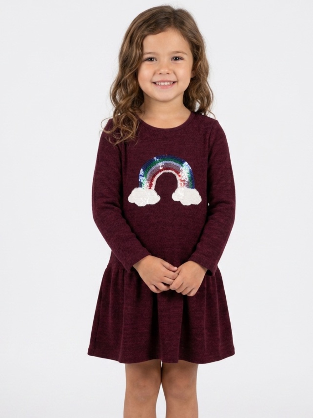 Girls' Burgundy Sequin Rainbow Knit Dress
